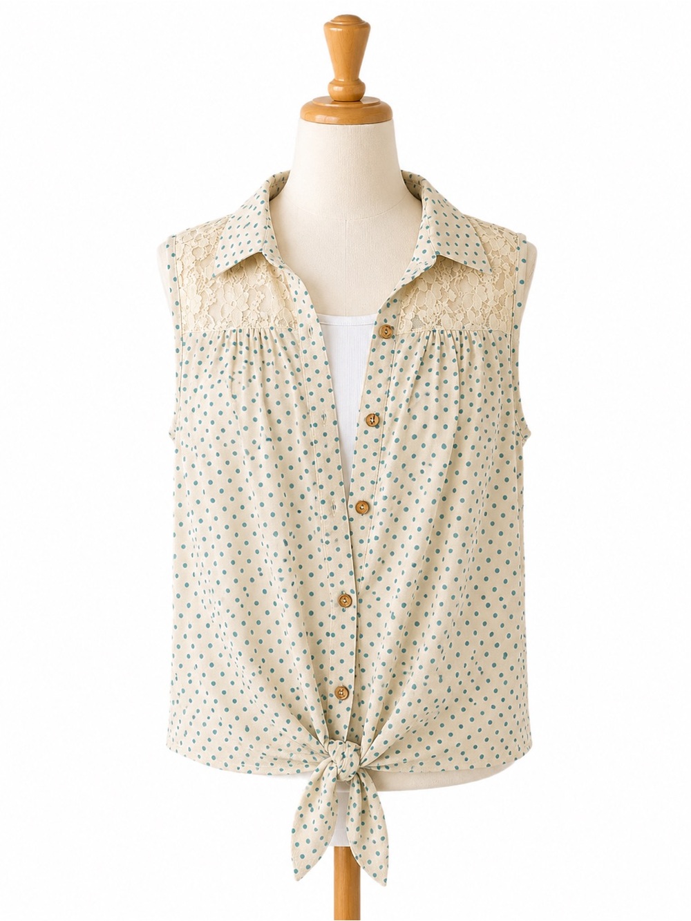 Rhapsody Cream Sleeveless Polka Dot Button-Front Tie Top